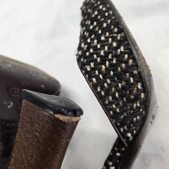 Vintage PRADA Women's 38 Brown Tweed Leather Peep Toe D’Orsay Heels Pumps *Flaw* - Picture 7 of 10